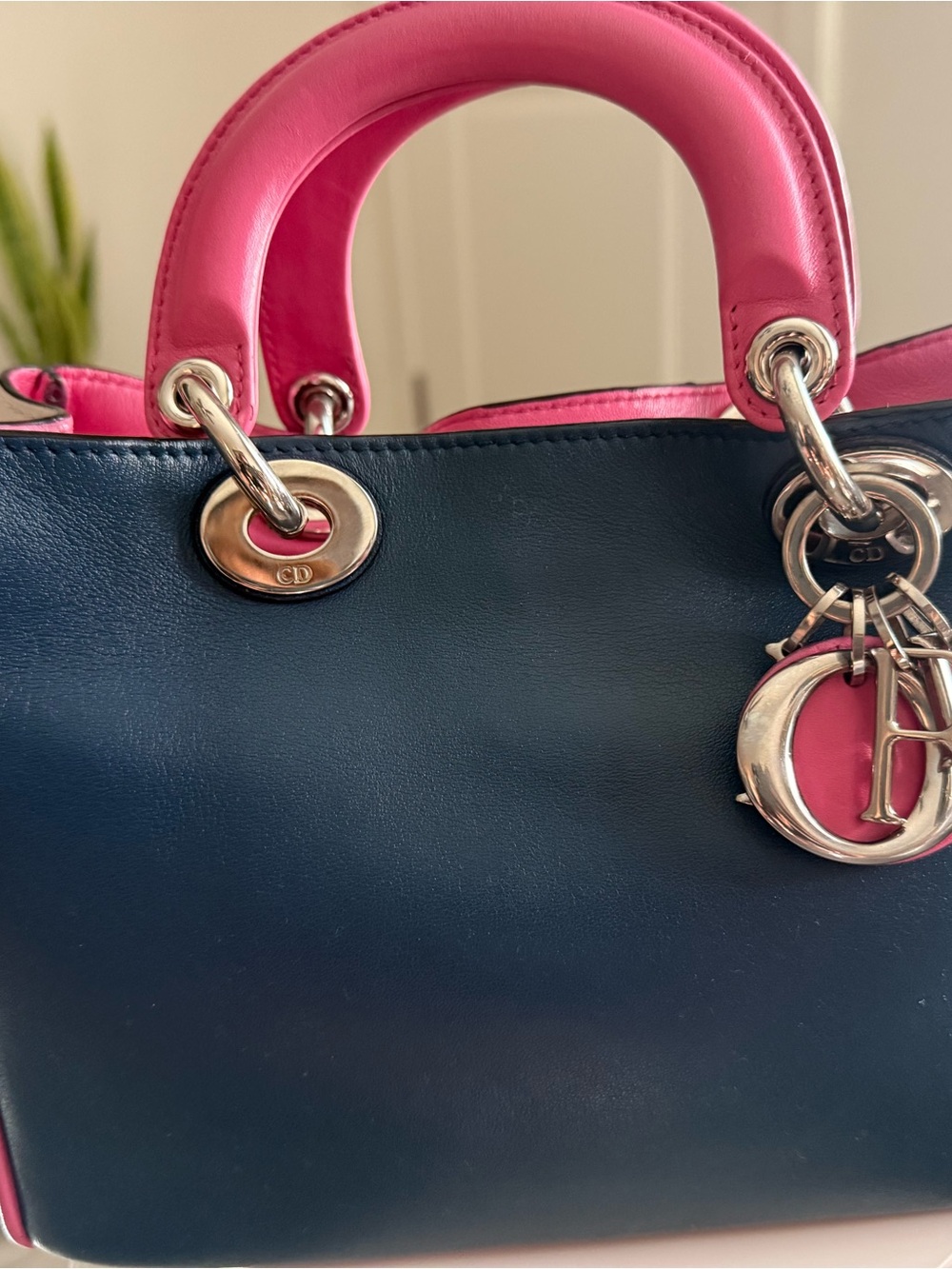 Pre-owned Dior Two-Tone Navy and Hot Pink Leather Tote